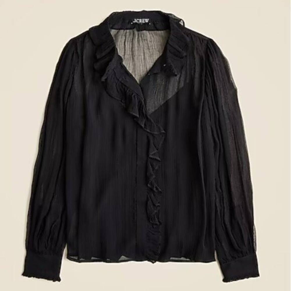 J. Crew Women's Size 8 Black Ruffle button-up shirt in crinkle chiffon Sheer NWT
